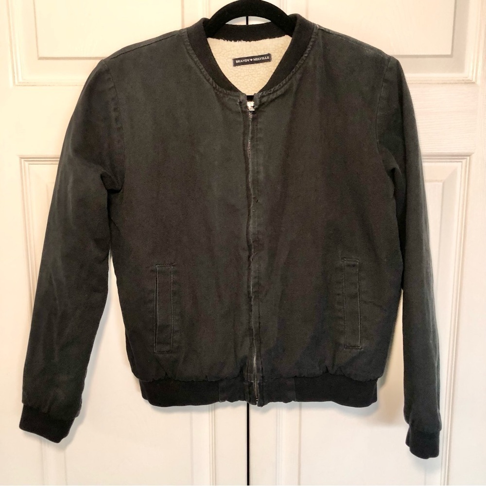 Brandy Melville Black and Cream Sherpa Bomber Jacket OS